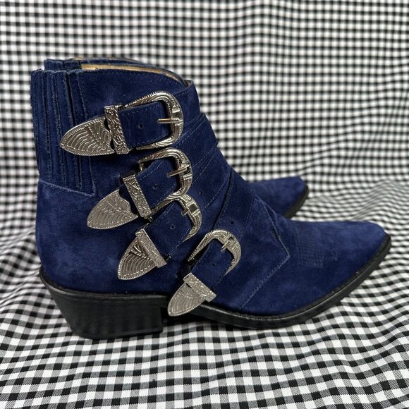 Toga Pulla Blue Suede Cowgirl Western Silver Buckle Boots Women's EU 36 / US 6 - Picture 3 of 7